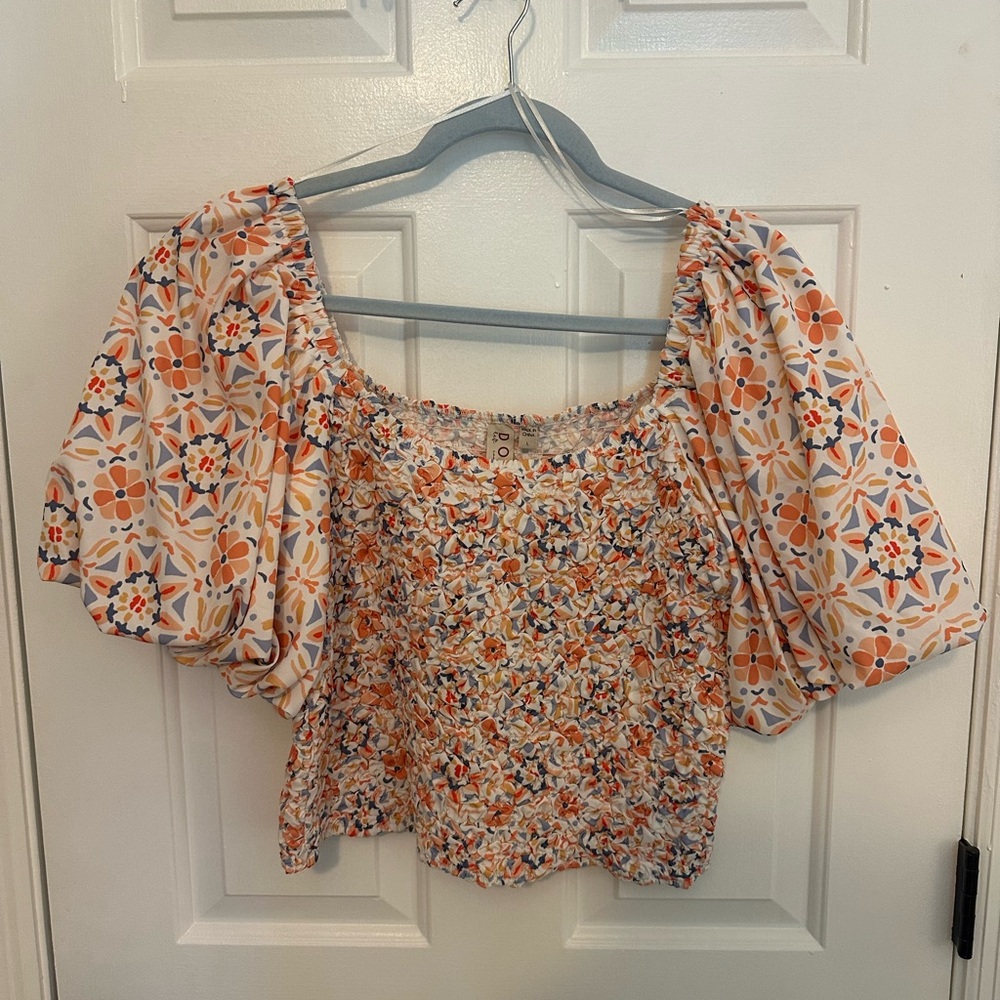 dolan Orange and Cream Smocked Puff-Sleeve Blouse